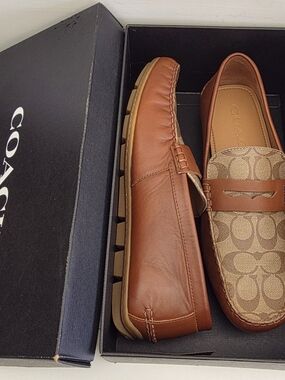 Coach Penny Loafers Brown Leather & Signature Canvas Mens Size 12